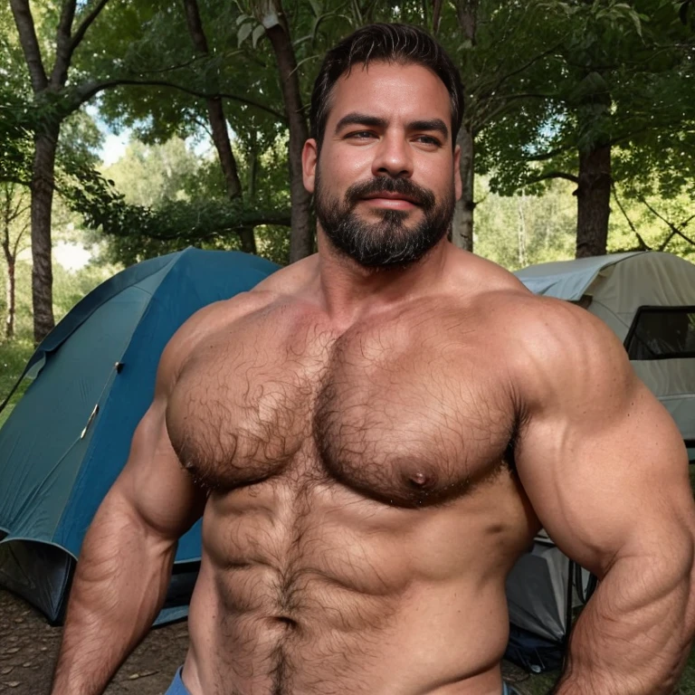 Masterpiece, Best Quality, High resolution, (1 chico:1.4), male focus, tanned skin, 50-year-old camper on campsite in forest with campfire in the background, brown hair, italian, furry, beefy, chubby, dad body, dad bod, warm lighting, HDR, (GS-Macho :1.5), thick forearms, thick arms, huge thighs, large pecs, big chest, charming, erotic look, winking at camera, scruff, hairy