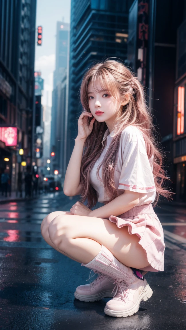 High resolution, Highest quality, masterpiece, Very high quality, Very detailed, Surrealism, 3d, Japanese Manga, figure, Fantasy, Hard Rock Girl, Very pretty and cute, Pink wavy hair, Side braid, mini skirt, Knee socks, Engineering Boots, background:Cyberpunk City Galaxy  