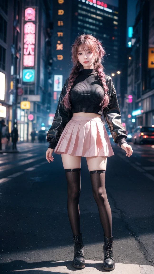High resolution, Highest quality, masterpiece, Very high quality, Very detailed, Surrealism, 3d, Japanese Manga, figure, Fantasy, Hard Rock Girl, Very pretty and cute, Pink wavy hair, Side braid, mini skirt, Knee socks, Engineering Boots, background:Cyberpunk City Galaxy
