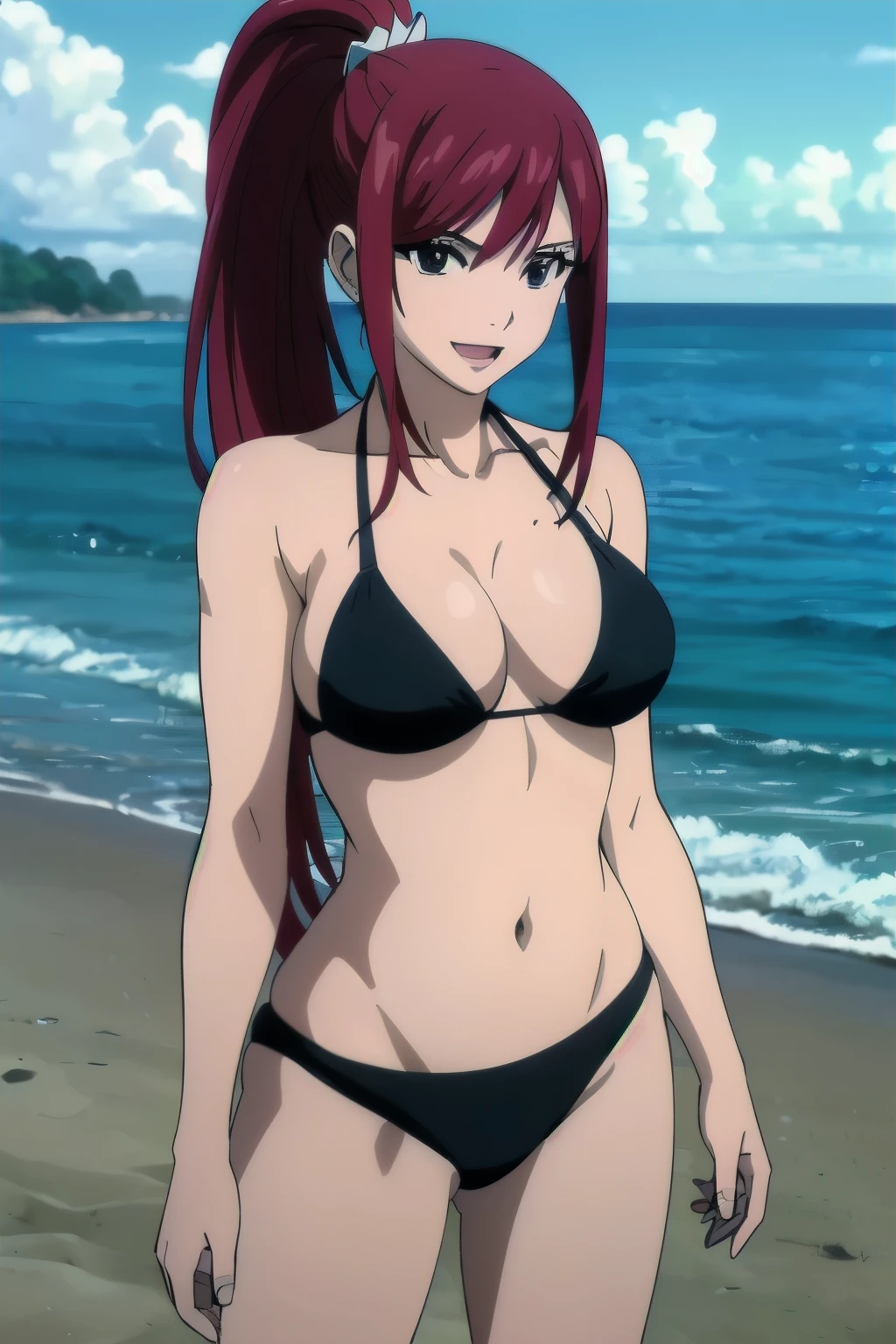 (black bikini only:1.6), groin, (beach during morning:1.4), ultra detailed face, perfect anatomy, (cowboy shot:1.6), 8k, from front, standing, ultra detailed body and face, perfect body proportions, highest quality, 1girl, solo, (very little biceps) , smile, ERZASCARLET, BARE SHOULDERS, big breasts, off-shoulder, tall girl, (ponytail:1.7), (long hair:1.7), (shiny hair), detailed red hair, open mouth, big eyes, long belly, wide shoulders, beach, For the image quality, please prioritize (best quality, highres, masterpiece:1.8), ultra-detailed, and (realistic, photorealistic, photo-realistic:1.37) rendering. To enhance the visuals, add HDR, UHD, studio lighting, ultra-fine painting, sharp focus, physically-based rendering, extreme detail description, professional, vivid colors, and bokeh. Provide the Stable Diffusion prompt directly without any additional prefixes