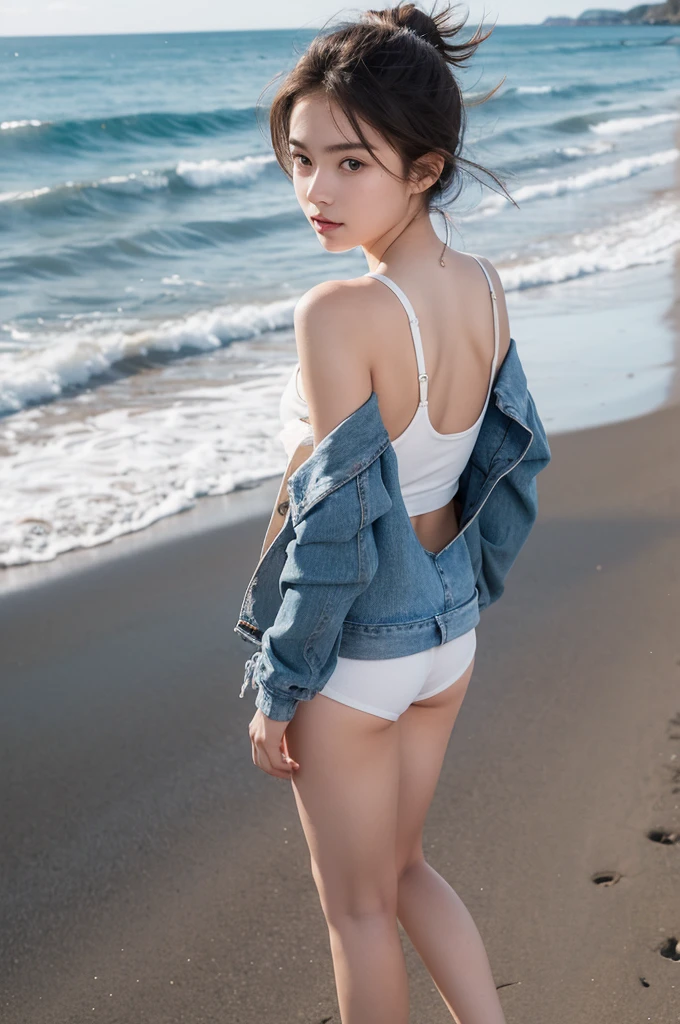 18 year old girl,Wearing a tight short,braless,wearing an open jacket to cover nipples, walking at the beach, view from above ,Full Body picture Standing, small chast and butt, naked upper body, walking with viewer