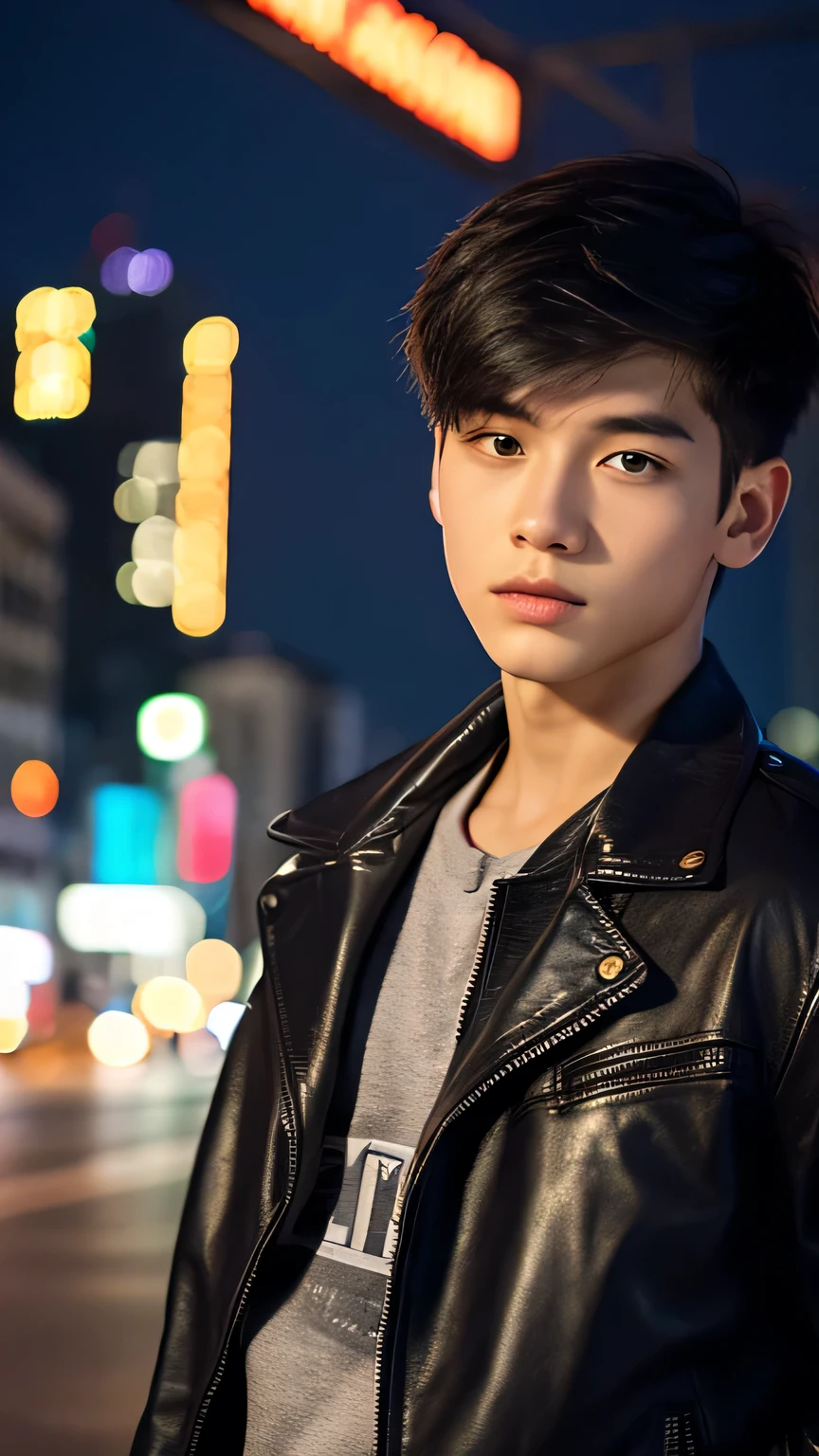 Highest quality, masterpiece, Ultra-high resolution, (Realistic: 1.4), Original photo, wallpaper, Head Photo, skin, Simple Background, Iris, detailed, Selfie, 1 boy, 18-year-old, good looking, Wind,Leather jacket、City of night