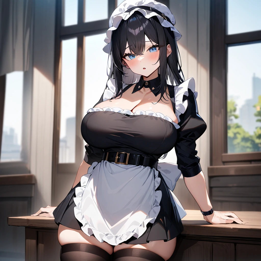 1 girl,black hair,light blue eyes,blackdress,big breast,maidapron,mob cap,puffy_sleeves,maid_apron, belt,thighhighs,masterpiece, best quality, very aesthetic, absurdres 