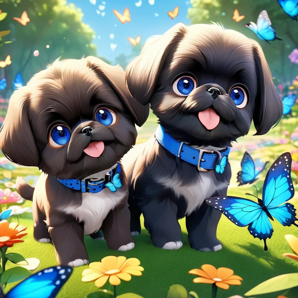 2 adorable small shih black shih tzu puppies wearing blue collars with bright blue eyes playing in park butterflies and flowes in background  3D Pixar style