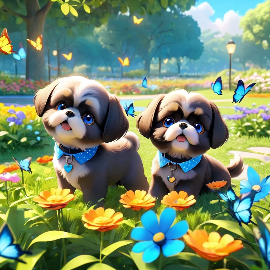2 adorable small shih black shih tzu puppies wearing blue collars with bright blue eyes playing in park butterflies and flowes in background 3D Pixar style