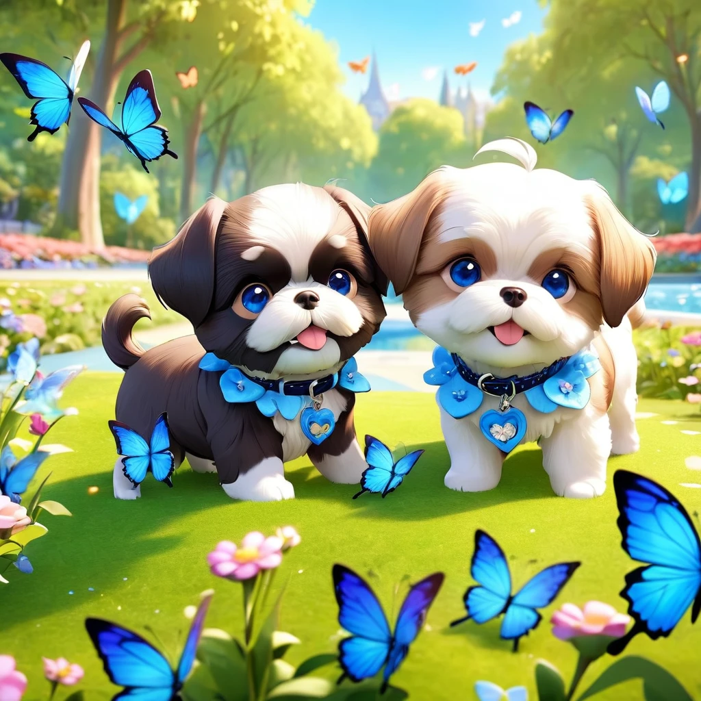 2 adorable small shih black shih tzu puppies wearing blue collars with bright blue eyes playing in park butterflies and flowes in background 3D Pixar style