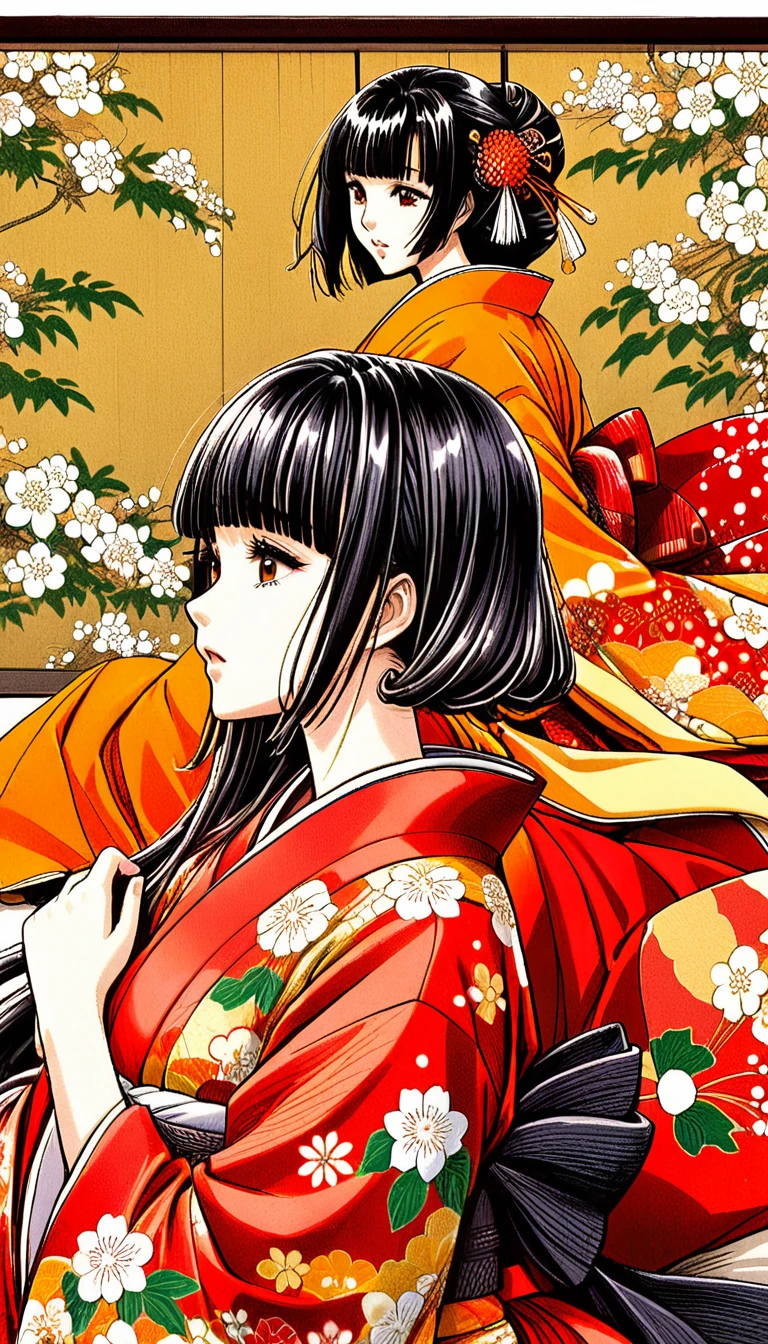 Close-up of a woman with black straight hime cut hair wearing a red and orange dress, Red kimono with flower patterns, From the Sengoku period, Long and beautiful kimono, Flowing hair and long, super shiny robes, Red kimono, Japanese Kimono, Wearing Imperial Kimono, Wearing kimono and armor, In kimono, Safety, kimono, Hakama kimono, Inspired by Fujiwara Takanobu, pale and colouRed kimono　She is laid down on the futon, exposing her nipples, writhing and crying.