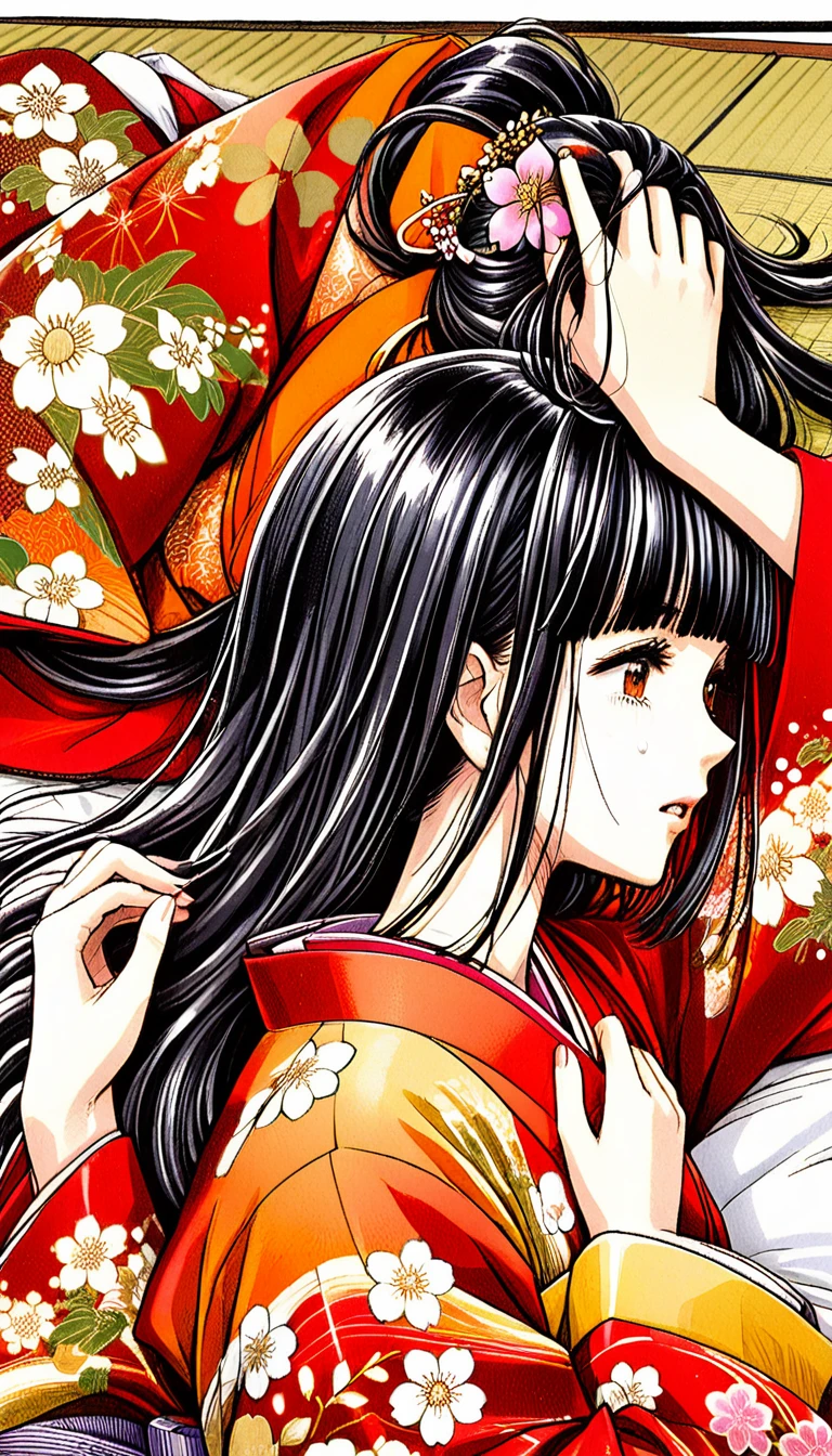 Close-up of a woman with black straight hime cut hair wearing a red and orange dress, Red kimono with flower patterns, From the Sengoku period, Long and beautiful kimono, Flowing hair and long, super shiny robes, Red kimono, Japanese Kimono, Wearing Imperial Kimono, Wearing kimono and armor, In kimono, Safety, kimono, Hakama kimono, Inspired by Fujiwara Takanobu, pale and colouRed kimono　She is laid down on the futon, exposing her nipples, writhing and crying.