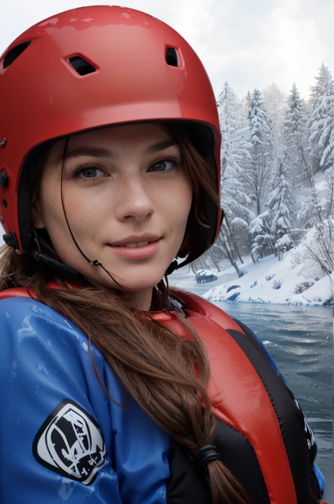  there is an german woman in a red helmet in the water, lifejacket, wearing lifejacket, wearing her helmet, floating headsets, cranberry helmet, wearing skate helmet, wearing skating helmet, close up portrait shot, helmet view, cascade helmet, head shot, helmet on, helmet on face, in water up to her shoulders, cute woman, floating headsets, her face flushing, gorgeous lady, riding, canyon, having fun, hyperrealist portrait in a river), cute, profile shot, pov shot, (ultra detailed), (2K), (high definition), nice face, aged 25, brown eyes, very detailed and expressive face, nervous, apprehension, anticipation