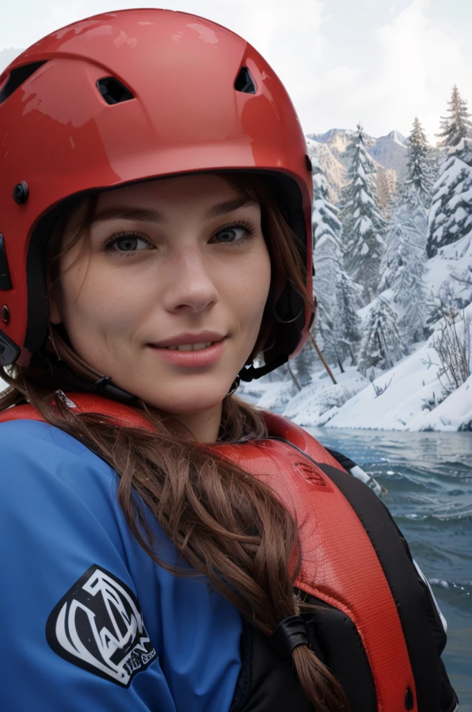  there is an german woman in a red helmet in the water, lifejacket, wearing lifejacket, wearing her helmet, floating headsets, cranberry helmet, wearing skate helmet, wearing skating helmet, close up portrait shot, helmet view, cascade helmet, head shot, helmet on, helmet on face, in water up to her shoulders, cute woman, floating headsets, her face flushing, gorgeous lady, riding, canyon, having fun, hyperrealist portrait in a river), cute, profile shot, pov shot, (ultra detailed), (2K), (high definition), nice face, aged 25, brown eyes, very detailed and expressive face, nervous, apprehension, anticipation