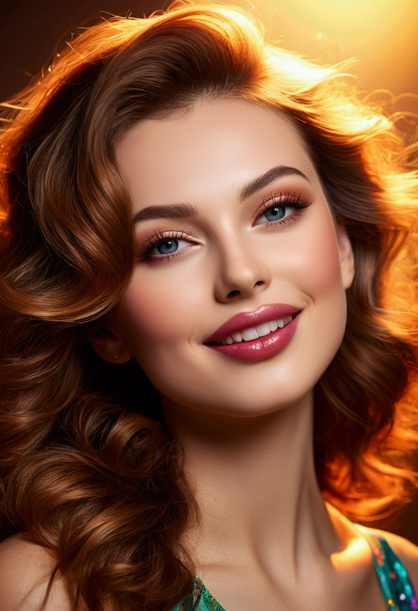 (best quality,ultra-detailed,photo-realistic:1.37),bright and vibrant colors,studio lighting,playful expression,stylish makeup, Dusk,hair flowing in the wind,alluring eyes,glossy lips,sexy pose, smiling in a confident and seductive way,posing for a professional photoshoot,shallow depth of field,highlighting the main subject,soft natural lighting,creating a dreamy and magical atmosphere.