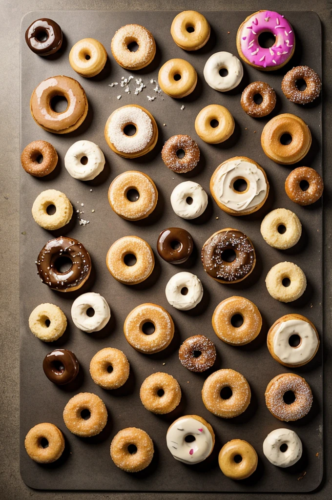 Make a picture of donuts, cones, fritters, alum laugh, Rolls.