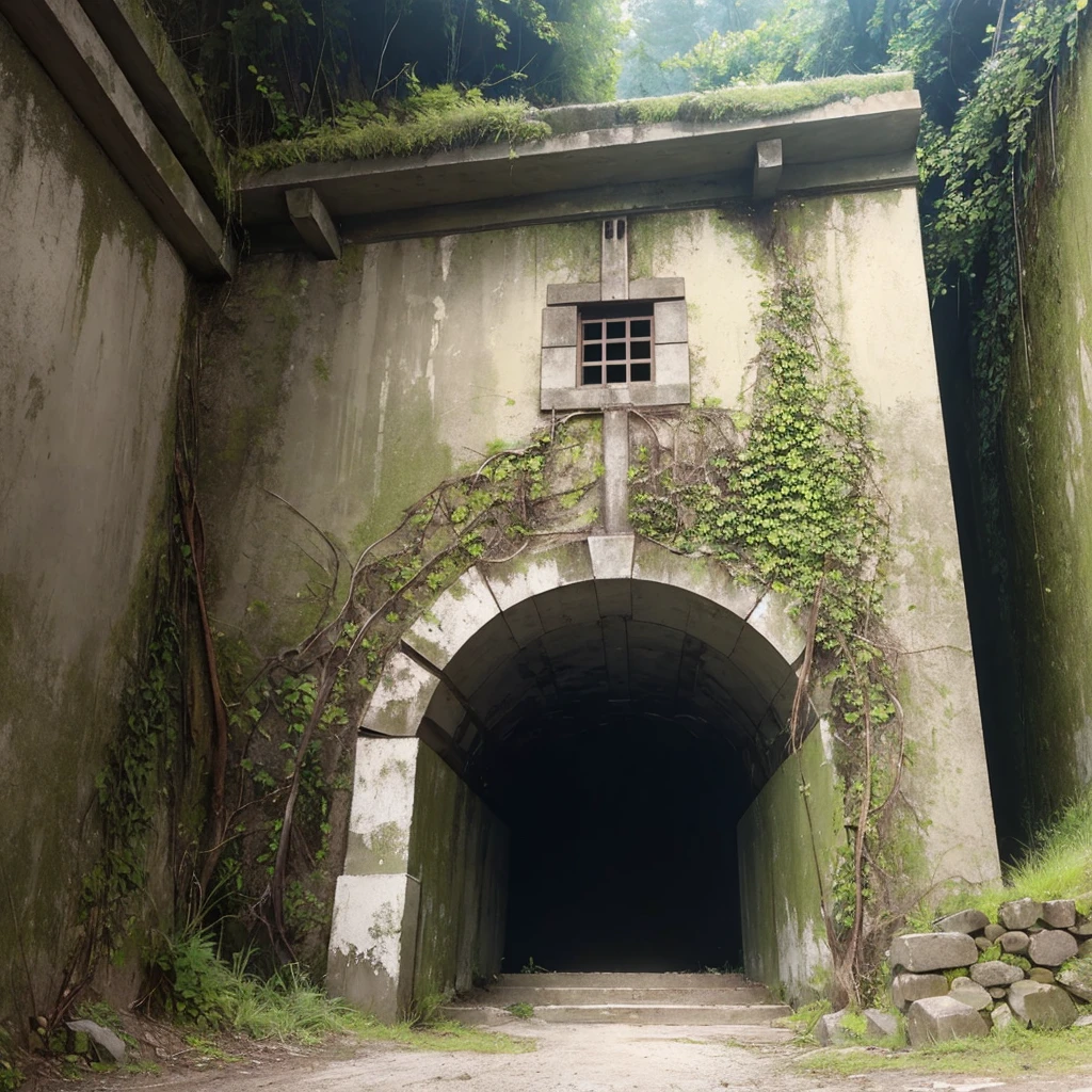 ((best quality)), ((masterpiece)), (detailed), entrance to military bunker in side of a mountain, overgrown, gloomy
