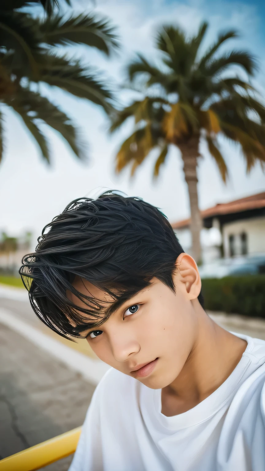 Highest quality, masterpiece, Ultra-high resolution, (Realistic: 1.4), Original photo, wallpaper, Head Photo, skin, Simple Background, Iris, detailed, Selfie, 1 boy, 18-year-old, good looking, Wind,Palm tree,surfing