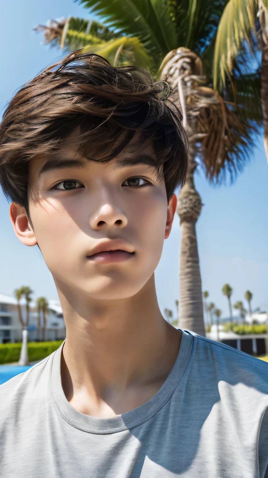 Highest quality, masterpiece, Ultra-high resolution, (Realistic: 1.4), Original photo, wallpaper, Head Photo, skin, Simple Background, Iris, detailed, Selfie, 1 boy, 18-year-old, good looking, Wind,Palm tree,surfing
