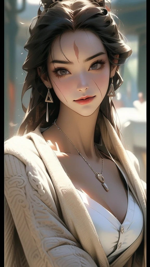 masterpiece, High resolution, Screenshot, Best Quality, 1 girl, (scar on left eye), short white jacket, Very detailed, rule of thirds, jewelry, by the wide, hits, hair between the eyes