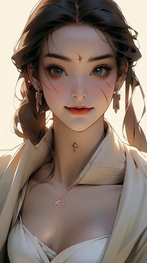 masterpiece, High resolution, Screenshot, Best Quality, 1 girl, (scar on left eye), short white jacket, Very detailed, rule of thirds, jewelry, by the wide, hits, hair between the eyes