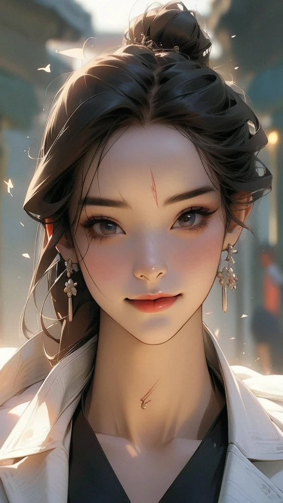 masterpiece, High resolution, Screenshot, Best Quality, 1 girl, (scar on left eye), short white jacket, Very detailed, rule of thirds, jewelry, by the wide, hits, hair between the eyes