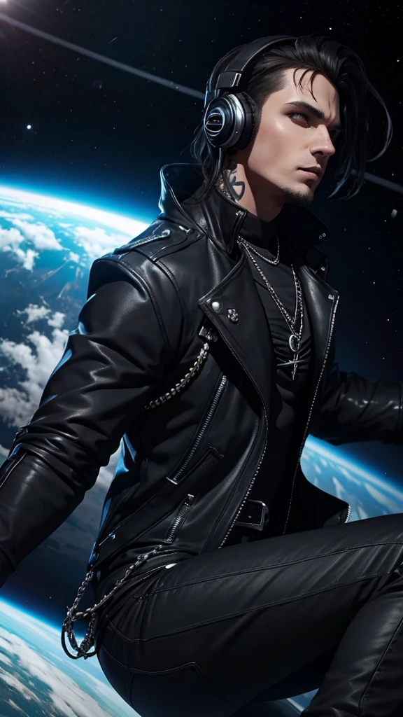 make a gothic man artist rapper falling from space with headphones