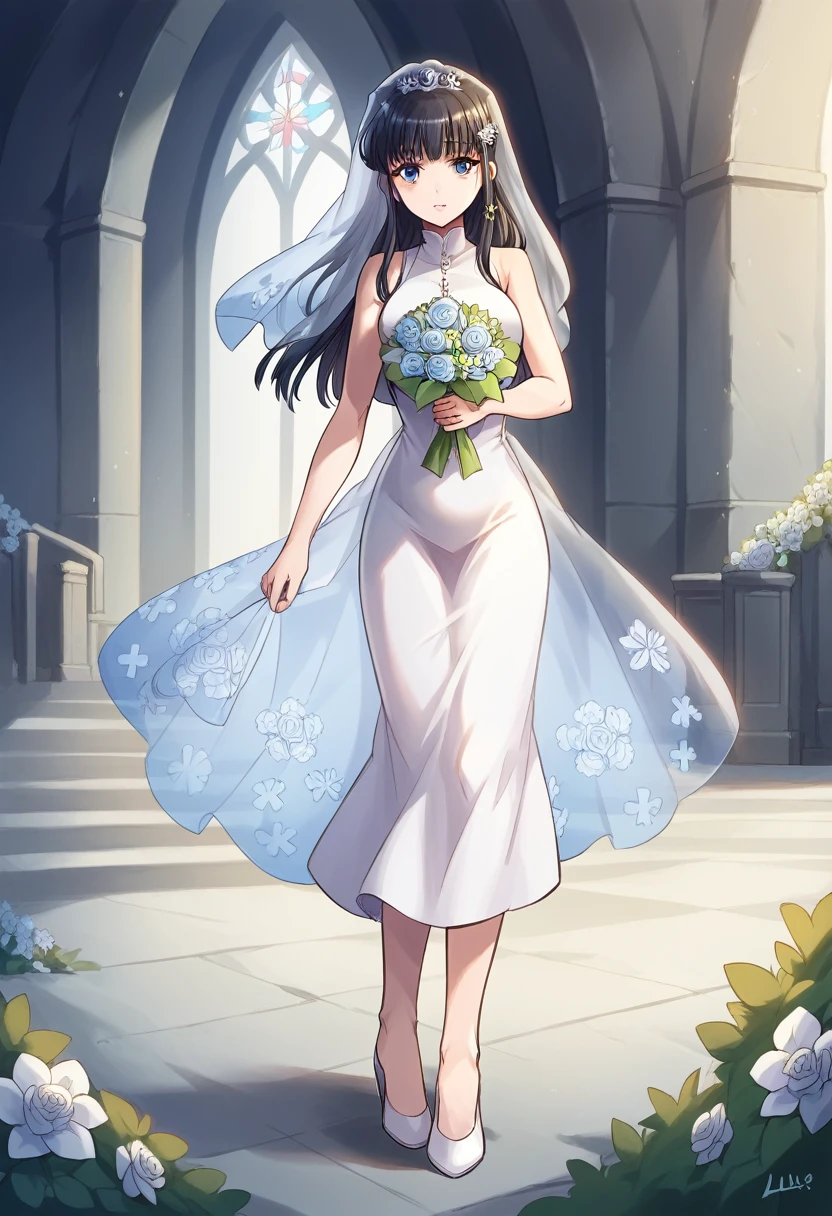 shiba miyuki, black hair, blue eyes, long hair, hair ornament, blunt bangs, hair_ornament, ribbon, holding, bare_shoulders, medium_breasts, blue_hair, standing, full_body, flower, :d, sleeveless, outdoors, white_dress, high_heels, see-through, white_footwear, veil, blue_theme, bouquet, wedding_dress, bridal_veil, holding_bouquet,church entrance, flower bouquet, stair, victoria church