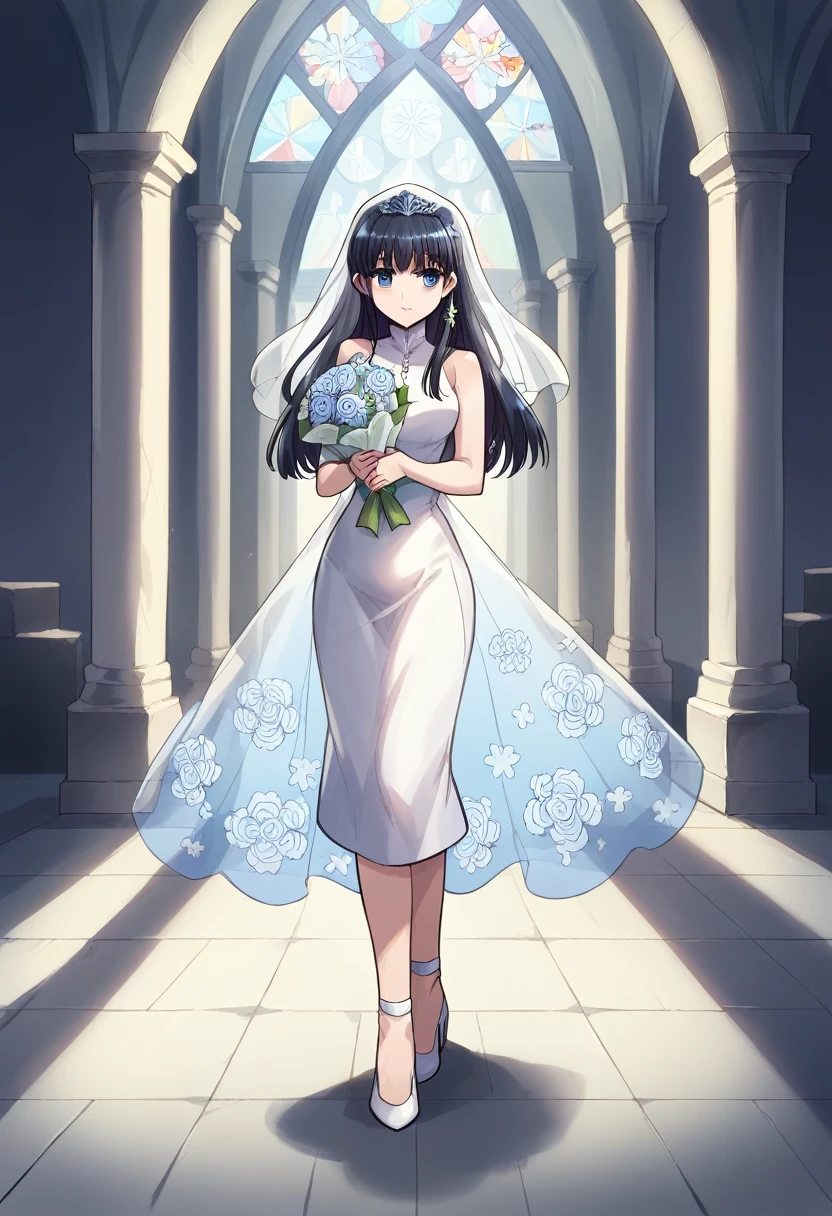 shiba miyuki, black hair, blue eyes, long hair, hair ornament, blunt bangs, hair_ornament, ribbon, holding, bare_shoulders, medium_breasts, blue_hair, standing, full_body, flower, :d, sleeveless, outdoors, white_dress, high_heels, see-through, white_footwear, veil, blue_theme, bouquet, wedding_dress, bridal_veil, holding_bouquet,church entrance, flower bouquet, stair, victoria church