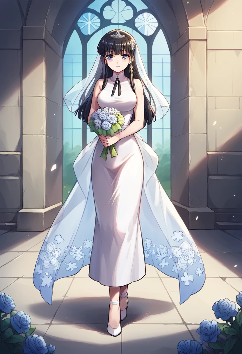 shiba miyuki, black hair, blue eyes, long hair, hair ornament, blunt bangs, hair_ornament, ribbon, holding, bare_shoulders, medium_breasts, blue_hair, standing, full_body, flower, :d, sleeveless, outdoors, white_dress, high_heels, see-through, white_footwear, veil, blue_theme, bouquet, wedding_dress, bridal_veil, holding_bouquet,church entrance, flower bouquet, stair, victoria church