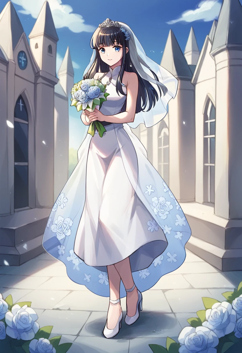 shiba miyuki, black hair, blue eyes, long hair, hair ornament, blunt bangs, hair_ornament, ribbon, holding, bare_shoulders, medium_breasts, blue_hair, standing, full_body, flower, :d, sleeveless, outdoors, white_dress, high_heels, see-through, white_footwear, veil, blue_theme, bouquet, wedding_dress, bridal_veil, holding_bouquet,church entrance, flower bouquet, stair, victoria church