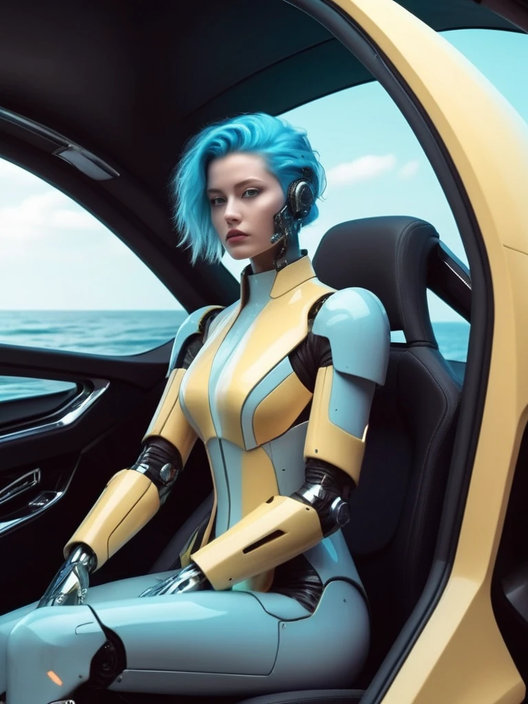 ral-opal, meahophontron, cyberpunk, (light yellow suit, black gray, light blue brown) With futuristic armor, (along with a supercar) blue colors, negro, gris con soft tones, background image: (driving through the sea) soft tones, ROBOT PRETTY WOMAN