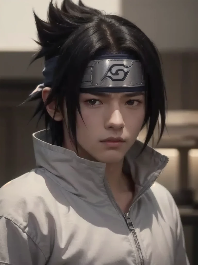 a close up of a boy with a headband on, sasuke uchiha, sasuke uchiha, itatchi uchiha, sasuke from naruto, realistic style, hyper realistic, sasuker, 8k portrait render