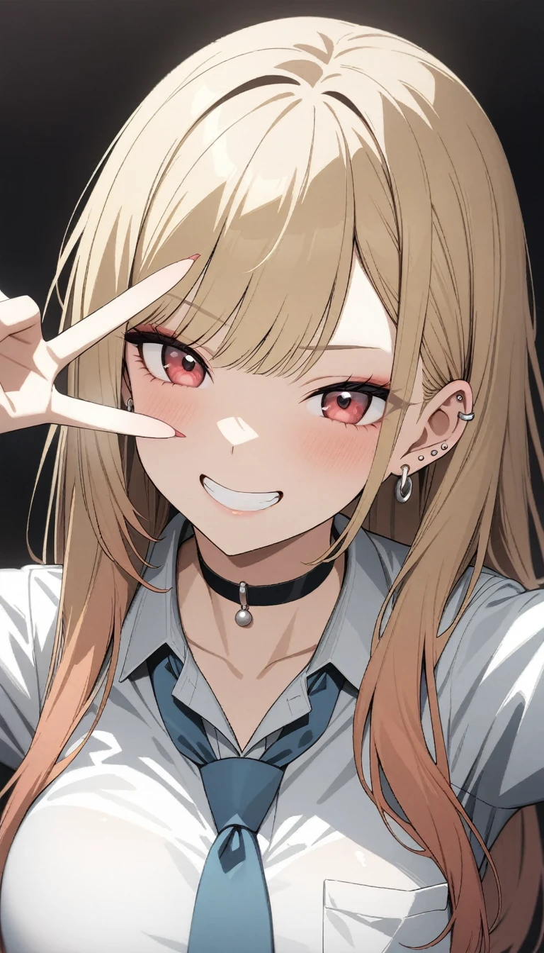 (masterpiece, Highest quality, でery aesthetic, Super detailed), Intricate details,
One girl, Kitagawa Marine, sono bisque doll wa koi wo suru, Blonde, Red eyes, ear piercing, Barbell Piercing, Black choker, Collared shirt, White shirt, Earrings, Blue tie, Grin,  Upper Body,blowjob