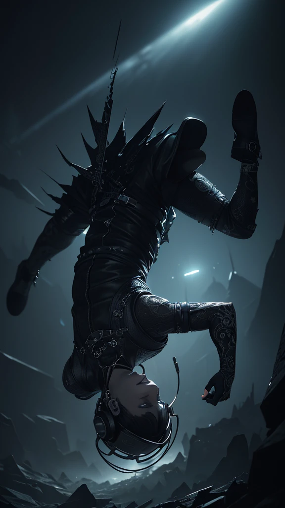 a gothic artist rapper man falling from space wearing headphones, hyper detailed, intricate details, cinematic lighting, dramatic composition, dark moody colors, digital art, concept art, (best quality,4k,8k,highres,masterpiece:1.2),ultra-detailed,(realistic,photorealistic,photo-realistic:1.37)