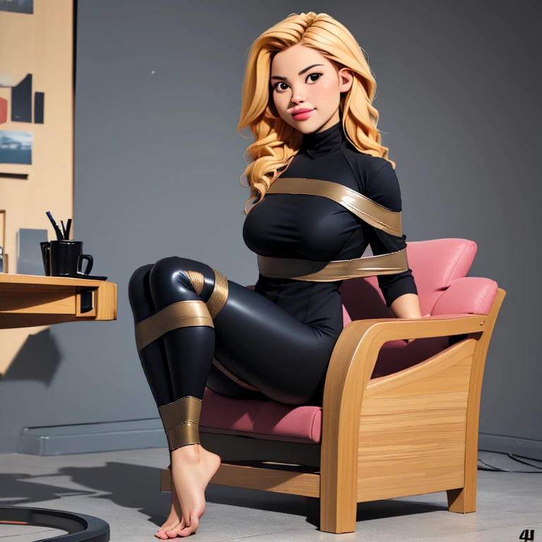 a woman in a living room, blonde, Focus full body,wearing a black latex turtleneck and leggings, barefoot, her hands and ankles bound by ropes, a crotch rope, an hourglass figure with thick thighs and long legs, thick lips, and a thigh gap, (best quality,4k,8k,highres,masterpiece:1.2),ultra-detailed,(realistic,photorealistic,photo-realistic:1.37),HDR,UHD,studio lighting,ultra-fine painting,physically-based rendering,extreme detail description,professional,vivid colors,bokeh,natural colors,hi lighting,135mm,sit tied on a chair