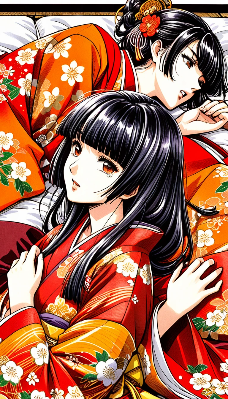 Close-up of a woman with black straight hime cut hair wearing a red and orange dress, Red kimono with flower patterns, From the Sengoku period, Long and beautiful kimono, Flowing hair and long, super shiny robes, Red kimono, Japanese Kimono, Wearing Imperial Kimono, Wearing kimono and armor, In kimono, Safety, kimono, Hakama kimono, Inspired by Fujiwara Takanobu, pale and colouRed kimono　She is laid down on the futon, her nipples exposed, writhing and crying.