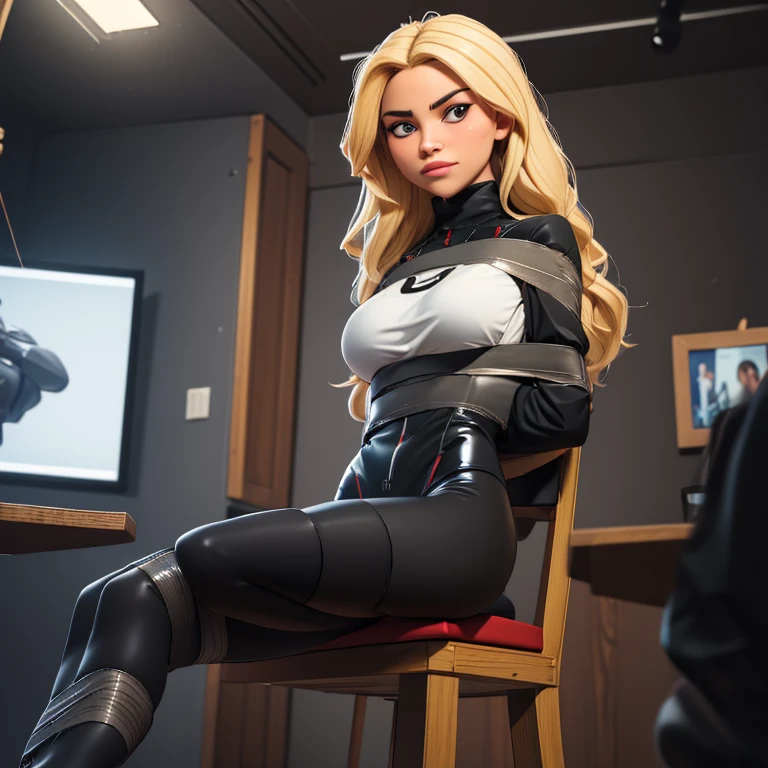 a woman in a living room, blonde, Focus full body,wearing a black latex turtleneck and leggings, barefoot, her hands and ankles bound by ropes, a crotch rope, an hourglass figure with thick thighs and long legs, thick lips, and a thigh gap, (best quality,4k,8k,highres,masterpiece:1.2),ultra-detailed,(realistic,photorealistic,photo-realistic:1.37),HDR,UHD,studio lighting,ultra-fine painting,physically-based rendering,extreme detail description,professional,vivid colors,bokeh,natural colors,hi lighting,135mm,sit tied on a chair