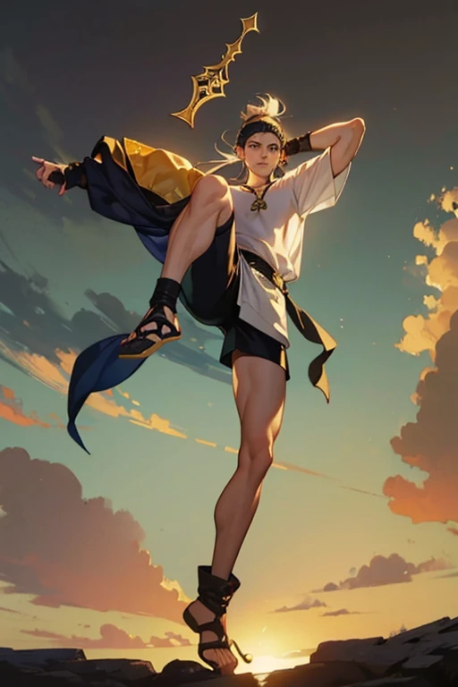 Young Man Serious, medieval accessories, No blouse, half armor, Boots that show the toes, long shorts,, Thirty years, In a t-shirt, random power, action pose(Kicking or punching or jumping or running or spinning, etc), bottom view, Slender body, Light costume clothing, Full body, RPG adventure, Simple fighting clothing, anime Fantasy, medieval accessories, Sandals, long shorts, headband(s) tied in hair and/or clothing.