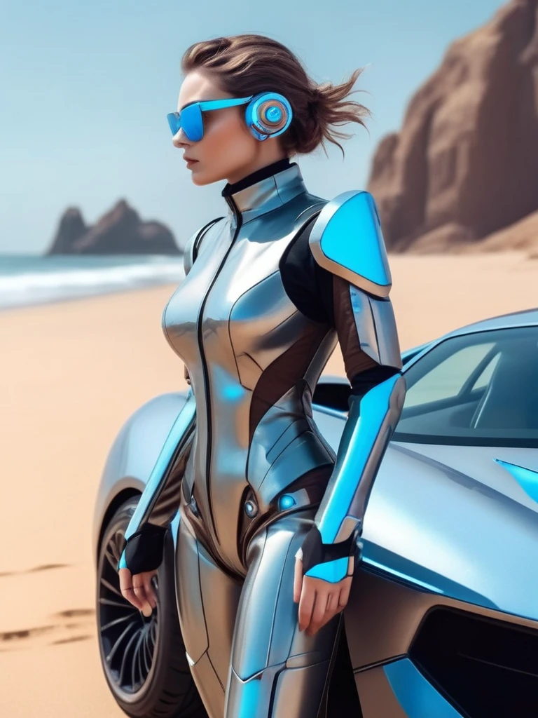 ral-opal, meahophontron, cyberpunk demonio, women (brown suit, light blue, light grey) With futuristic armor, (along with a super sports car) blue colors, black, gray with soft tones, background image: (driving through the sea and sand) futuristic stylish clothing