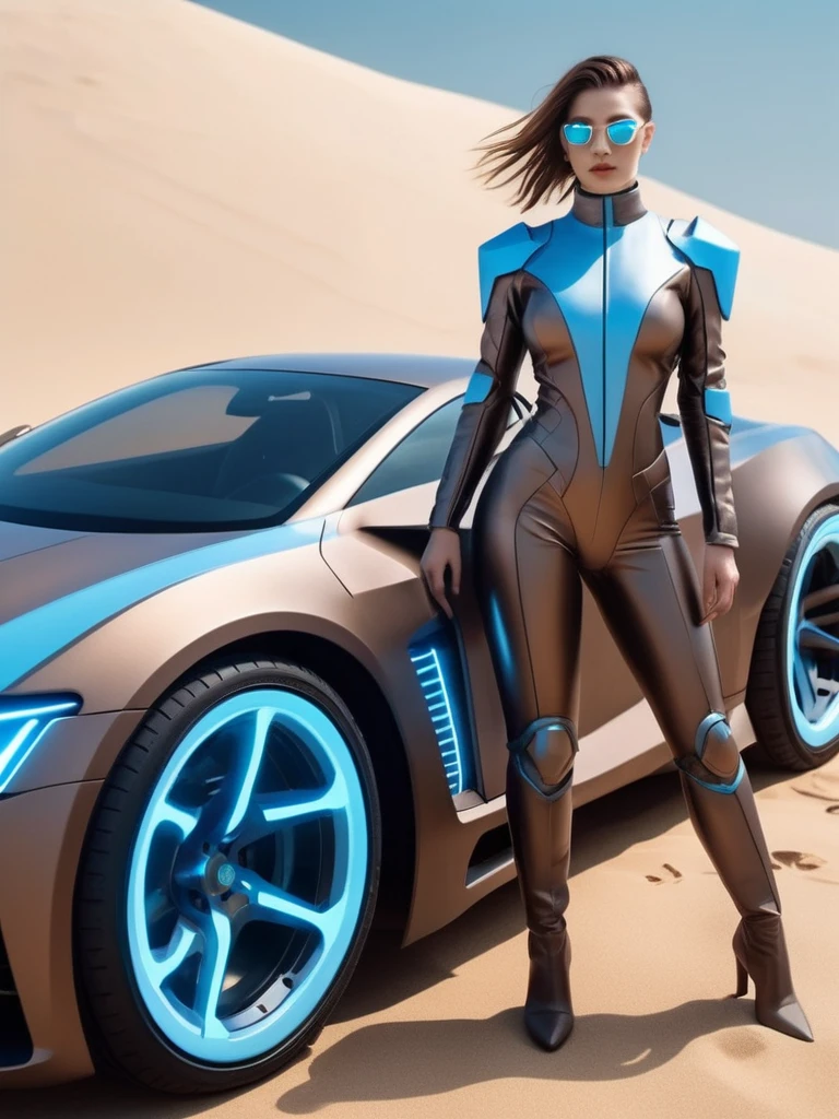 ral-opal, meahophontron, cyberpunk demonio, women (brown suit, light blue, light grey) With futuristic armor, (along with a super sports car) blue colors, black, gray with soft tones, background image: (driving through the sea and sand) futuristic stylish clothing