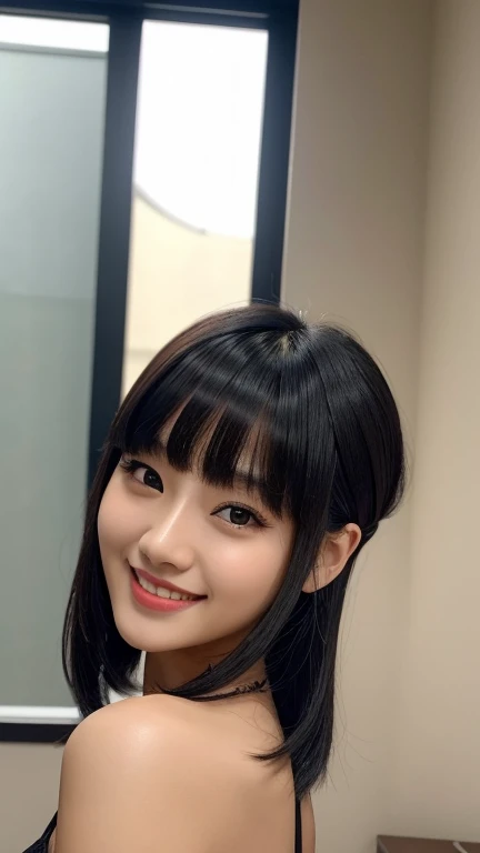 uma de uma mulher ela tem cabelo preto with bangs, Hime black haircut, ulzzang, korean, with short hair with bangs, with short hair, dilraba dilmurat, garota gótica korean cruel, white hime cut hairstyle, hair styled like bangs, with bangs, korean symmetrical ,,,,,,,,,,,, She smiles with a dimpled smile and a touch of white teeth.. The image is captured in high quality, with sharp focus and volumetric lighting that accentuates your features. The detailed, realistic skin texture resembles a masterpiece, as if it were taken with a DSLR in soft lighting. She wears light lipstick. The atmosphere is sensual and captivating, as if telling the story of a confident and attractive woman.