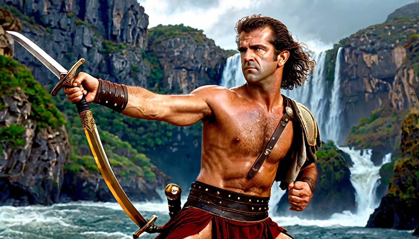 Greek warrior with the face of (young Mel Gibson) in an attack position, sword in hand, cliffs and waterfalls in the background, lighting, spectacular, changing atmosphere, vibrant colors, cinematic composition, intricate details (best quality, 4k, 8k, high resolution , masterpiece: 1.2), ultra detailed, (realistic, photorealistic, photorealistic: 1.37)