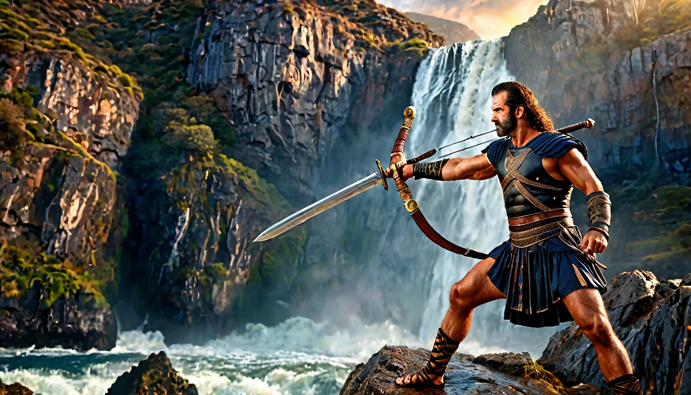 Greek warrior with the face of (young Mel Gibson) in an attack position, sword in hand, cliffs and waterfalls in the background, lighting, spectacular, changing atmosphere, vibrant colors, cinematic composition, intricate details (best quality, 4k, 8k, high resolution , masterpiece: 1.2), ultra detailed, (realistic, photorealistic, photorealistic: 1.37)