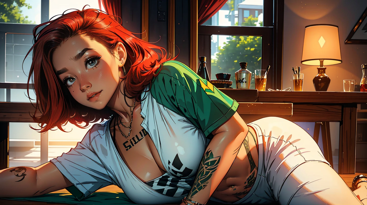 high resolution, Soft light,1womanl, Solo, Hips up, (Detailed face),tattoo, jewelry, t-shirt with rough chest, Beautiful soldiers, Grab the audience's eye, Lover's perspective, Invitation expression, Sexy smile, Perfect style, Perfect balance, Detailed skin, mischievous gaze, chest visible,red hair ,green eyes