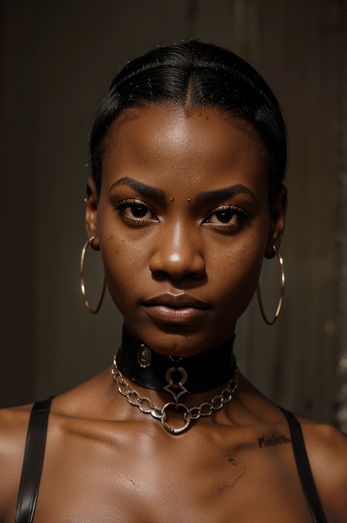 very tall congolese girl, (very young, adolescent), (afro haircut, very small breasts, very skinny, nose ring, tatoos, fearful, scared), (brown latex bodysuit, choker), (close shot, face shot, portrait,intimate camera, realistic, photorealistic)