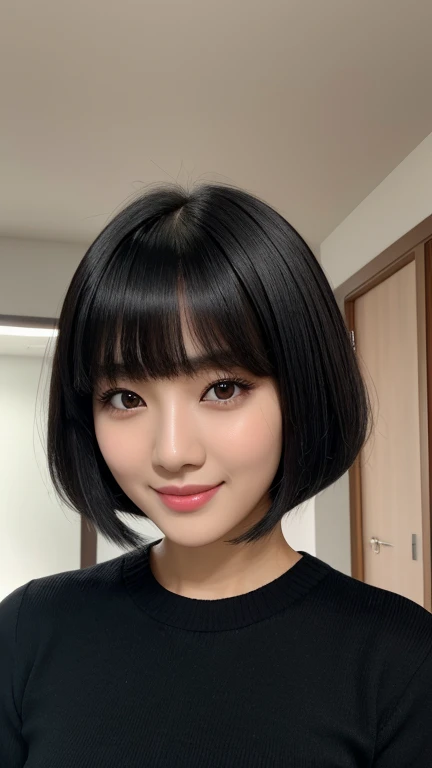 uma de uma mulher ela tem cabelo preto with bangs, Hime black haircut, ulzzang, korean, with short hair with bangs, with short hair, dilraba dilmurat, garota gótica korean cruel, white hime cut hairstyle, hair styled like bangs, with bangs, korean symmetrical ,,,,,,,,,,,, She smiles with a dimpled smile and a touch of white teeth.. The image is captured in high quality, with sharp focus and volumetric lighting that accentuates your features. The detailed, realistic skin texture resembles a masterpiece, as if it were taken with a DSLR in soft lighting. She wears light lipstick. The atmosphere is sensual and captivating, as if telling the story of a confident and attractive woman.