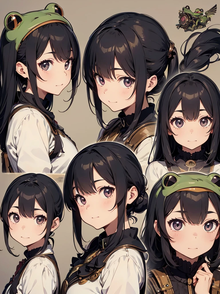 Frog-like face、Distant eyes、Big Mouth、Low Nose、steampunk、Three-dimensional view、Front, side and back view、Character Sheet、Standing woman