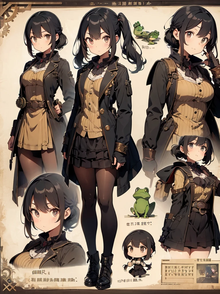 Frog-like face、Distant eyes、Big Mouth、Low Nose、steampunk、Three-dimensional view、Front, side and back view、Character Sheet、Standing woman