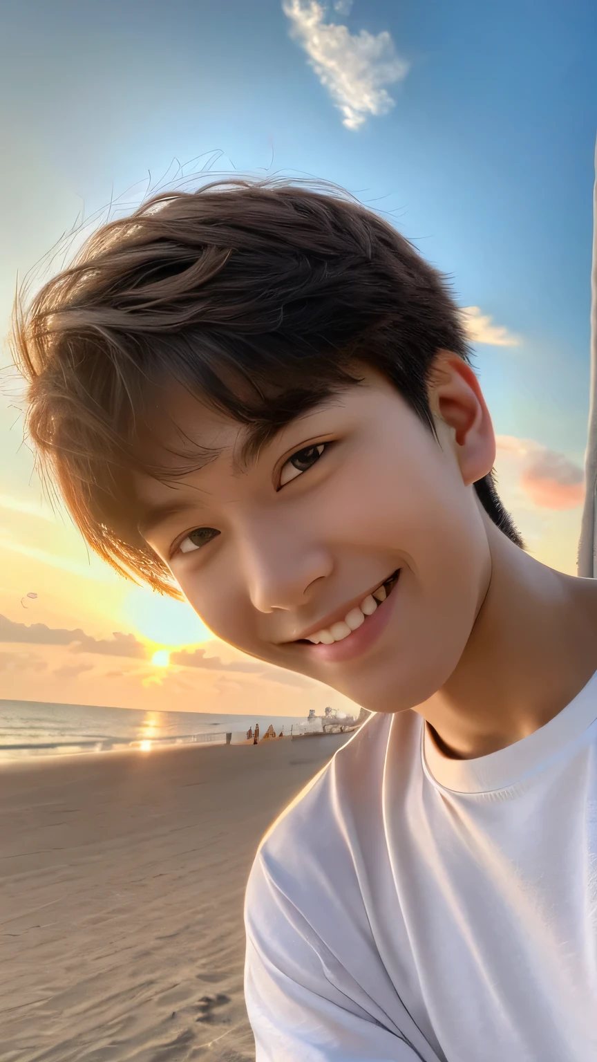 Highest quality, masterpiece, Ultra-high resolution, (Realistic: 1.4), Original photo, wallpaper, Head Photo, skin, Simple Background, Iris, detailed, Selfie, 1 boy, 18-year-old, good looking, Wind,Palm tree,smile,Sunset
