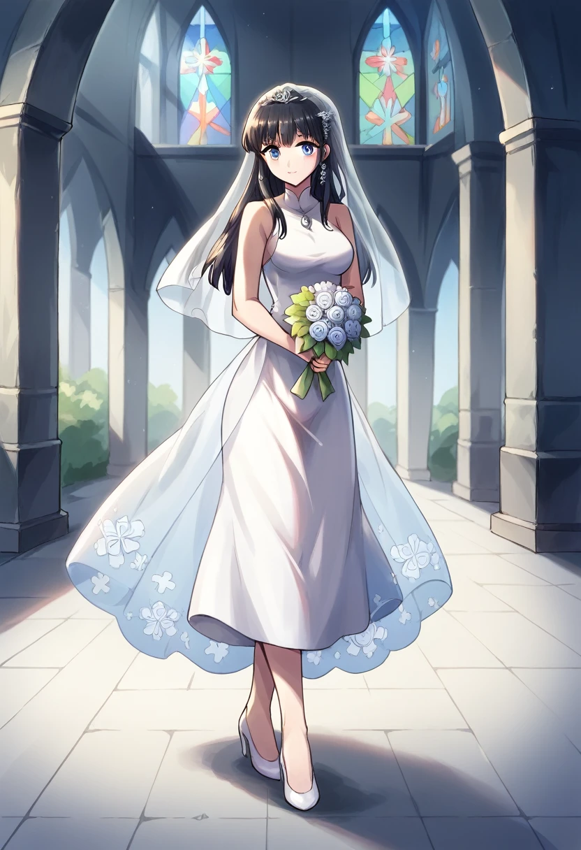 shiba miyuki, black hair, blue eyes, long hair, hair ornament, blunt bangs, hair_ornament, ribbon, holding, bare_shoulders, medium_breasts, blue_hair, standing, flower, :d, sleeveless, outdoors, white_dress, high_heels, see-through, white_footwear, veil, blue_theme, bouquet, wedding_dress, bridal_veil, holding_bouquet,church entrance, flower bouquet, stair, victoria church