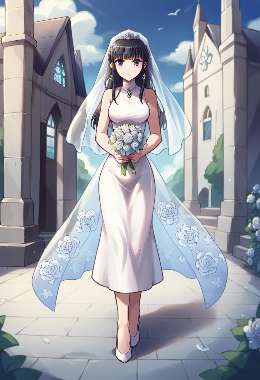 shiba miyuki, black hair, blue eyes, long hair, hair ornament, blunt bangs, hair_ornament, ribbon, holding, bare_shoulders, medium_breasts, blue_hair, standing, flower, :d, sleeveless, outdoors, white_dress, high_heels, see-through, white_footwear, veil, blue_theme, bouquet, wedding_dress, bridal_veil, holding_bouquet,church entrance, flower bouquet, stair, victoria church