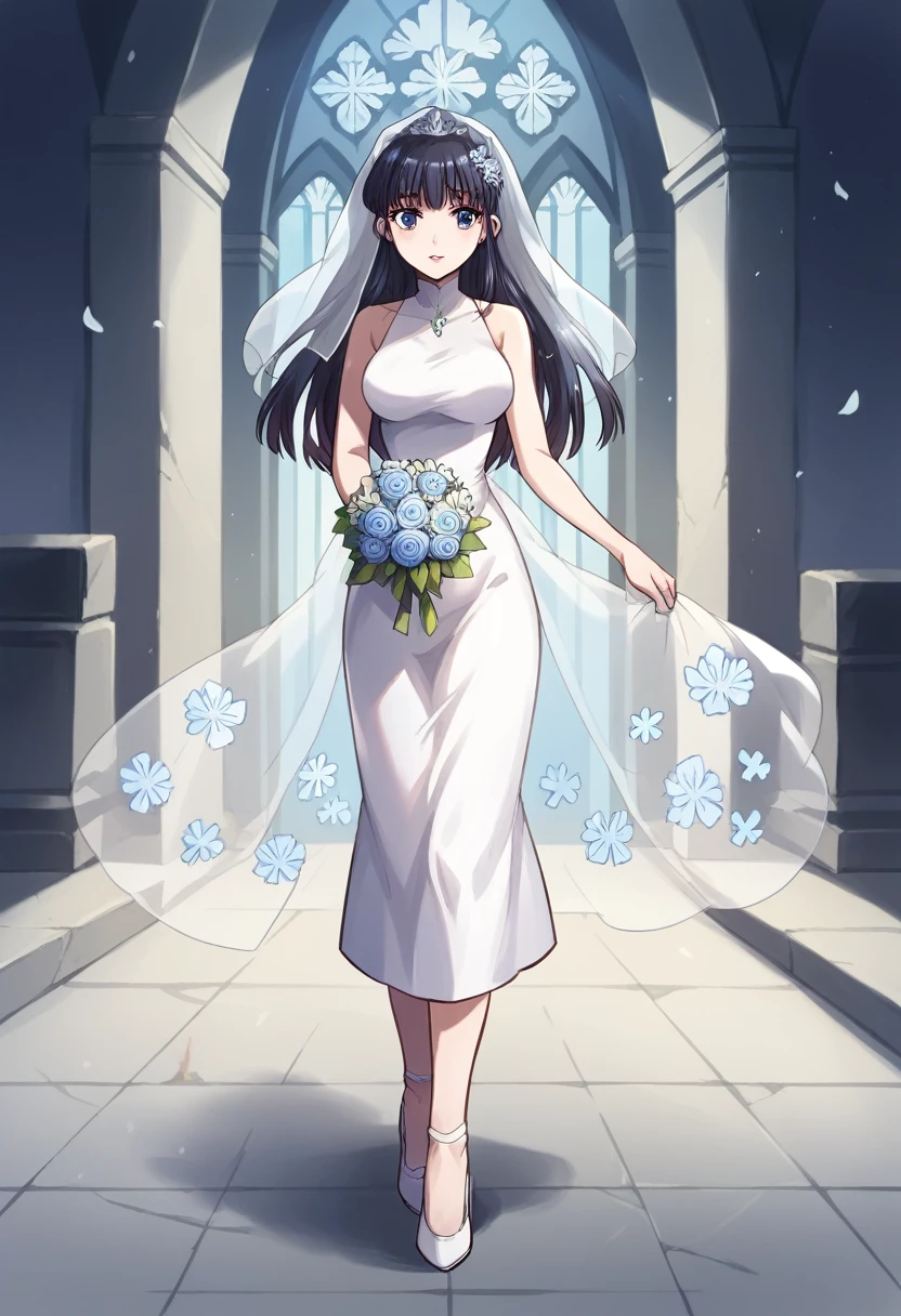 shiba miyuki, black hair, blue eyes, long hair, hair ornament, blunt bangs, hair_ornament, ribbon, holding, bare_shoulders, medium_breasts, blue_hair, standing, flower, :d, sleeveless, outdoors, white_dress, high_heels, see-through, white_footwear, veil, blue_theme, bouquet, wedding_dress, bridal_veil, holding_bouquet,church entrance, flower bouquet, stair, victoria church