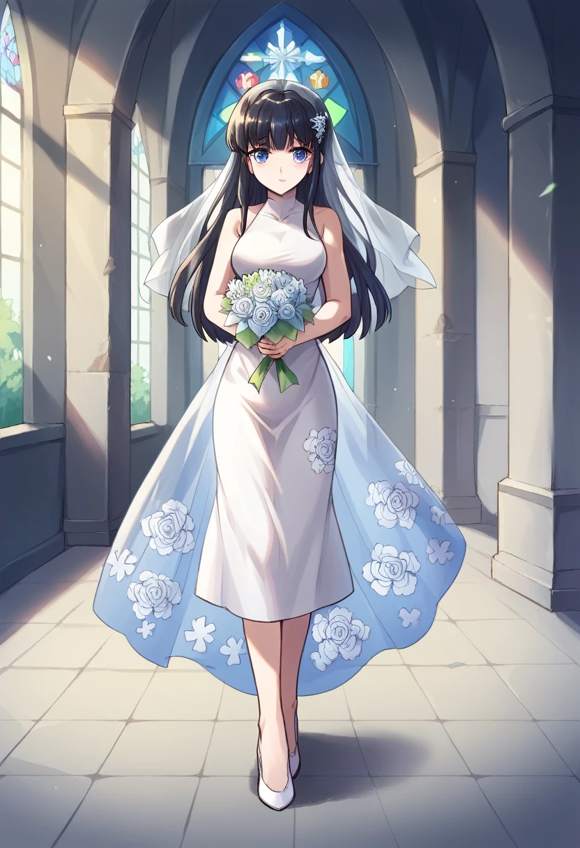 shiba miyuki, black hair, blue eyes, long hair, hair ornament, blunt bangs, hair_ornament, ribbon, holding, bare_shoulders, medium_breasts, blue_hair, standing, flower, :d, sleeveless, outdoors, white_dress, high_heels, see-through, white_footwear, veil, blue_theme, bouquet, wedding_dress, bridal_veil, holding_bouquet,church entrance, flower bouquet, stair, victoria church